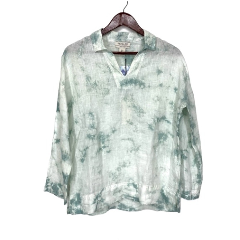 Rachel Zoe 100% Linen Shirt White & Green Long Sleeve Tie Dye Popover Blouse Nwt